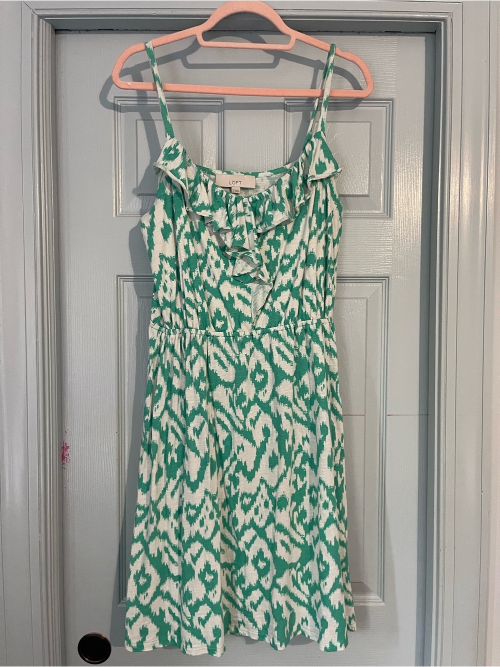 LOFT Green and White Ruffle-Front Sundress